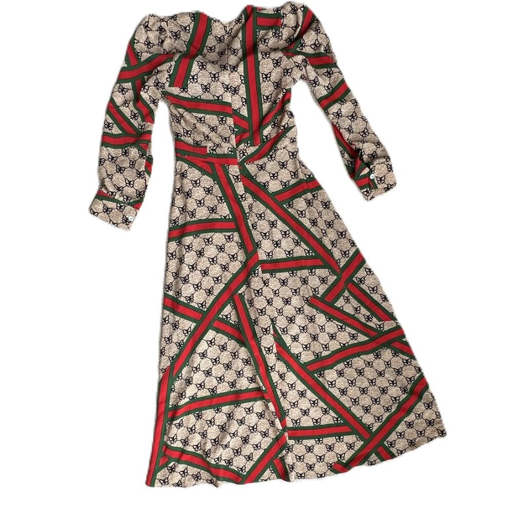 Small Long-sleeved Maxi Dress with green / red ribbon and butterfly design - Picture 2 of 8